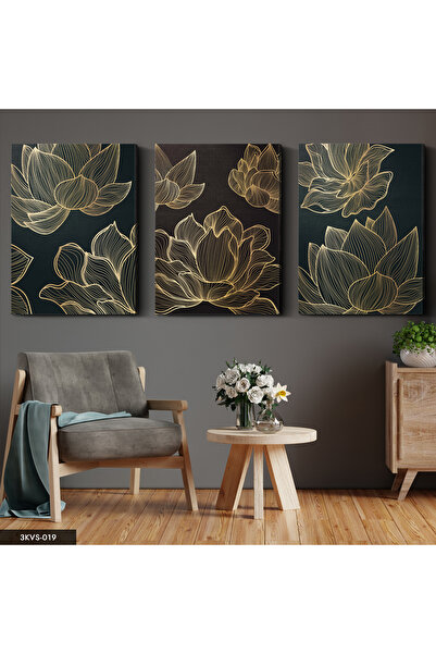 Evinemoda Zlatno cveće, 3-dijelna slika na platnu - Slika na platnu