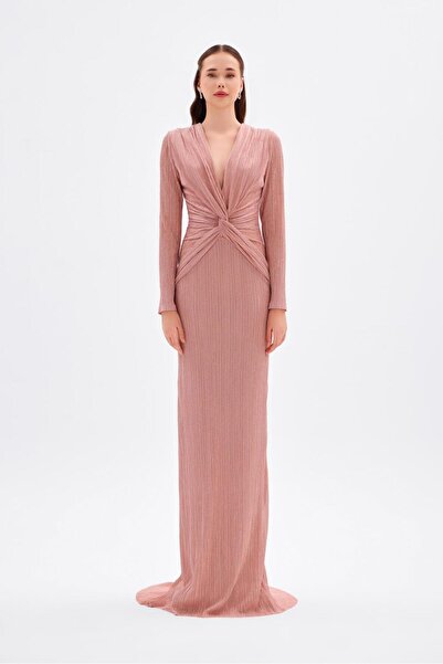 CENGIZ AKTURK Düğüm Detaylı V Yaka Simli Uzun Abiye Elbise - 9120C