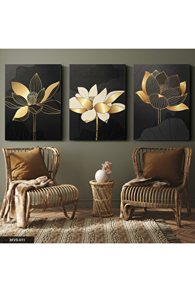 Evinemoda Zlatno cveće, 3-dijelna slika na platnu - Slika na platnu