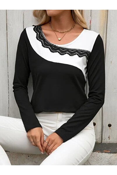 Generic Brand Women's Long Sleeve Round Neck Double Color Lace Detailed Visco...