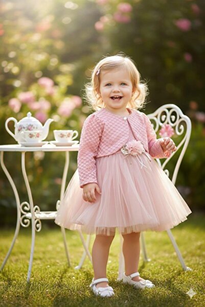 kidello Pembe Çiçekli Kız Bebek Bolerolu Elbise Abiye Tüllü