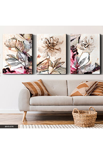 Evinemoda Καφέ Λουλούδια 3 Τεμάχια Καμβάς - Πίνακας Καμβά