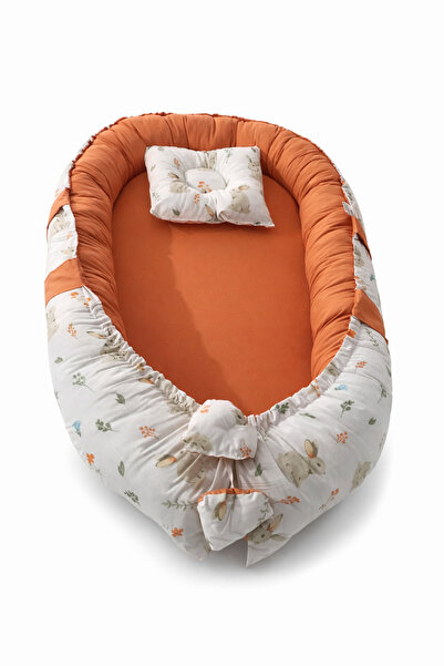 Jaju Baby Tavşan Desenli Turuncu Babynest – Yenidoğan Bebek Uyku Yatağı, Yast...