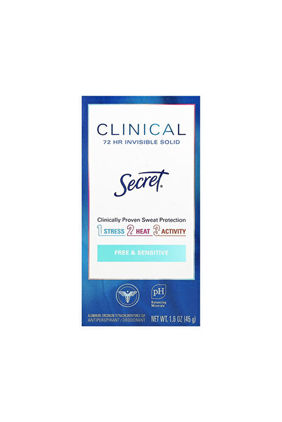 Secret Clinical Free Sensitive Katı Ter Önleyici (72 Saat) Deodorant 1.6oz / ...