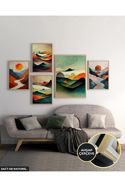 Evinemoda Eskitme Görünümlü Manzara 5 Parça Ahşap Çerçeveli Tablo