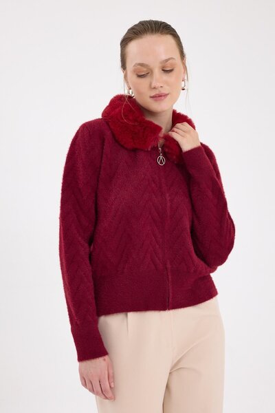 EssCouture Bordo Yakası Kürk Detaylı Kadın Hırka