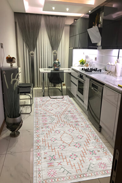 CENTER AVM Bej Halı Mutfak Halısı Makinede Yıkanabilir Halı Kaymaz Taban Halı