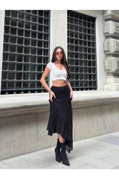 Zechka Kadın Siyah Dantel Asimetrik Midi Etek
