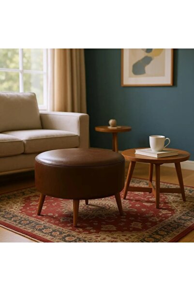 WATERYBROOK Suni Deri Puf Large - Ceviz Ahşap Ayaklı - Retro Modern Tasarım -...