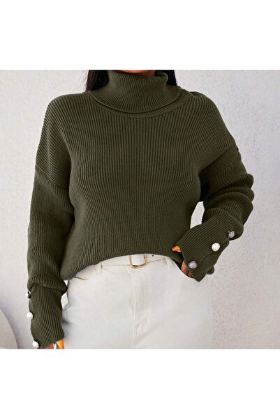 Get Crazy Women's Turtleneck Cufflink Detailed Knitwear Sweater