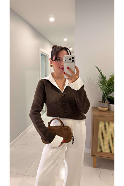 BİRCANÇİL Chulla Brown Melange White Shirt Collar Knitwear