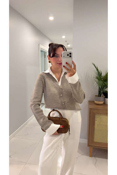 BİRCANÇİL Chulla Mink White Shirt Collar Knitwear