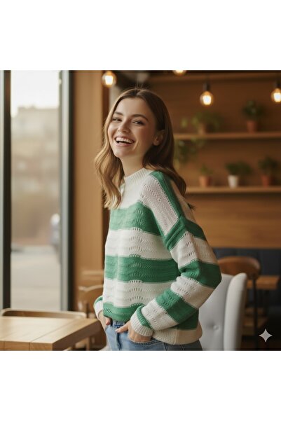 BLUSS Green and White Striped Crop Knit Sweater - Soft Textured Casual Sweater
