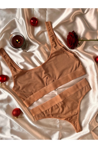 beshineunderwear Corded Fabric Red Bra Bottom Top Set