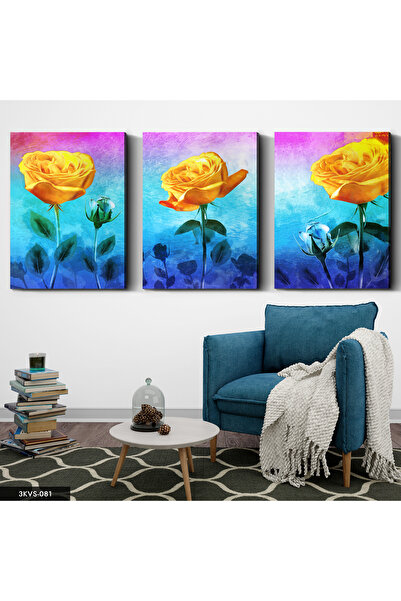 Evinemoda Trandafiri galbeni cu frunze albastre, pânză în 3 piese - Tablou pe...