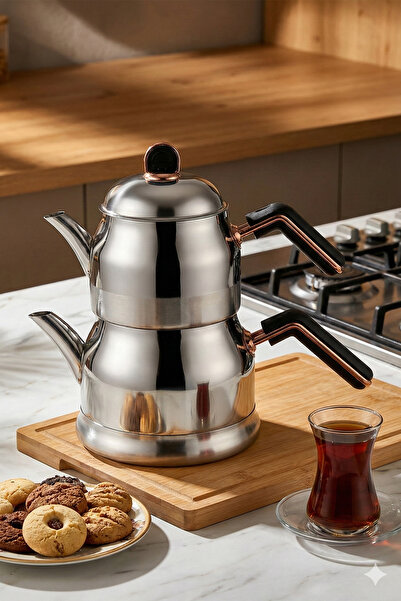 Porsima Akd-161 Black Chubby Family Size Stainless Steel 1.25-2.10 Lt Teapot Set