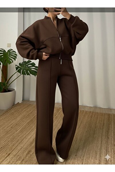 moda paketi Zippered Oversized 3 Thread Ş Fleece-Lined Tracksuit Set – Comfor...