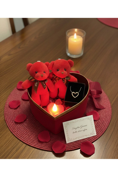 Puffly Hediyelik Kalpli Kadife Hediye Kutusu Peluş Ayıcık Kalpli Kolye Kalpli...