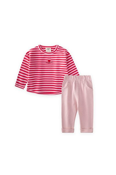 Cigit Striped Knitwear Baby Girl Set 0-3 Years Powder Coral Striped