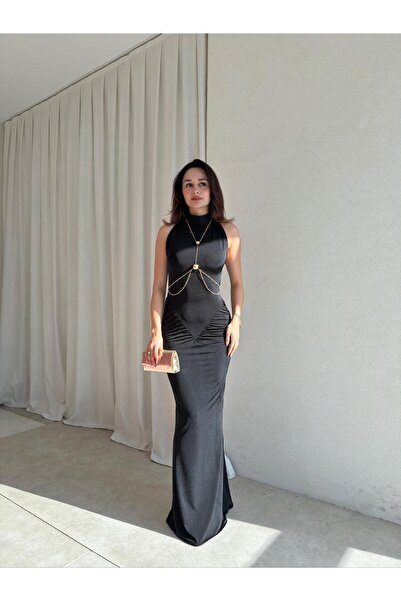 Mooi Butik Φόρεμα Maxi με αξεσουάρ TOMY 1698 - Μαύρο