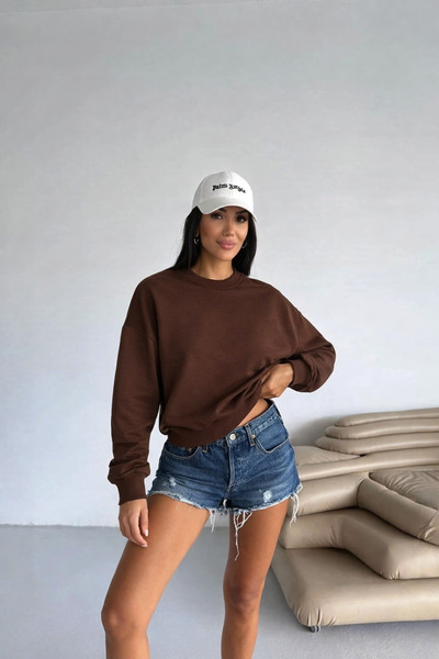 RAMİOR COLLECTION Women's Brown 2 Thread O Oversized Basic Sweatshirt