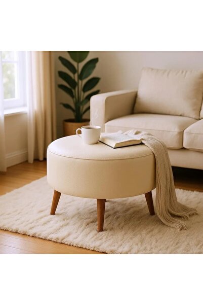 WATERYBROOK Suni Deri Puf Large - Ceviz Ahşap Ayaklı - Retro Modern Tasarım -...