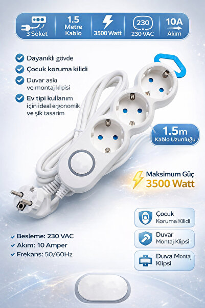Ecuy Anahtarlı Üçlü Çoklu Priz 1.5 Metre Kablolu 3500W Çocuk Korumalı Askı Ap...