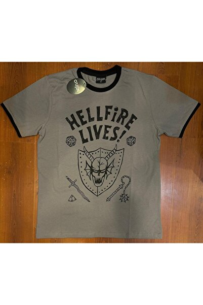 orijintex Stranger Things Hellfire Lives Baskılı Unisex Gri Tshirt