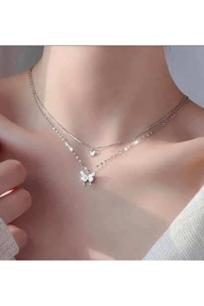 SELUVİA Silver Renk Çift Katmanlı Taşlı Kelebek Kolye – Şık Kadın Takısı