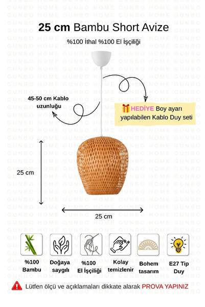 Verve Bohem Bambu Boja Pendant Sarkıt Avize Lamba 25 Cm - Iskandinav, Modern, Bohem, Rattan Aydınlatma