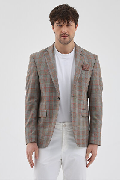 Frappoli Vegas Men's Brown-Tile Plaid Mono Collar Polyviscose Cotton Blend Fa...