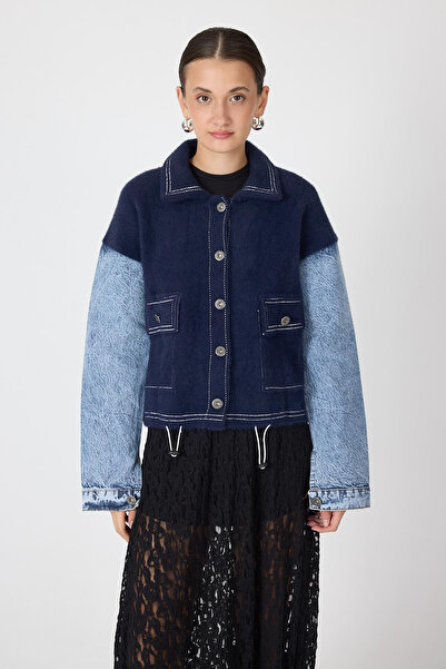Kadın Lacivert Denim Kollu Hırka Ceket