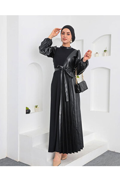 ELİFEMBEBUTİK Kadın Bürümcük Deri Piliseli Tesettür Elbise