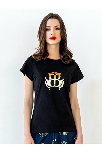 FB sa Luxurious black T-shirt with regal gold buttons and a gold logo - a sop...
