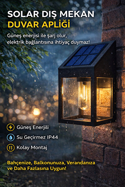 Ecuy Solar Dış Mekan Duvar Aplik Güneş Enerjili IP44 Suya Dayanıklı Bahçe Bal...
