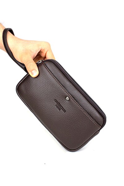 deri,se club Men's Brown Two-Compartment Luxury Handbag with Belt and Wristlet