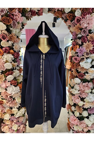 Kayra kadın fermuarlı taş detaylı ipek penye cepli kapüşonlu ceket