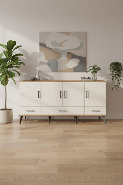 EnTrendMobilya Aura Konsol: 6 Raflı, 3 Çekmeceli, 4 Kapaklı Çam-Aytaşı Konsol