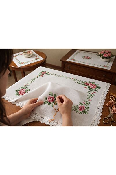 SOLUTE uğur ipek işlemelik goblen keten (antep işi) çeyizlik masa, sehpa ,peçete