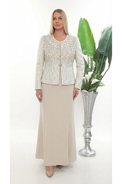 MİSS DİAMOND Beige three-piece set with stone embellishments on the chest and...