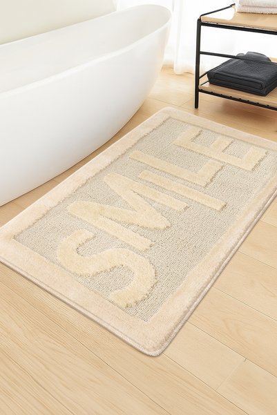 Konfor Halı Natural Non-Slip Base Bathroom Mat Long Lasting Soft Textured Water Absorbent Washable Smile 60X100