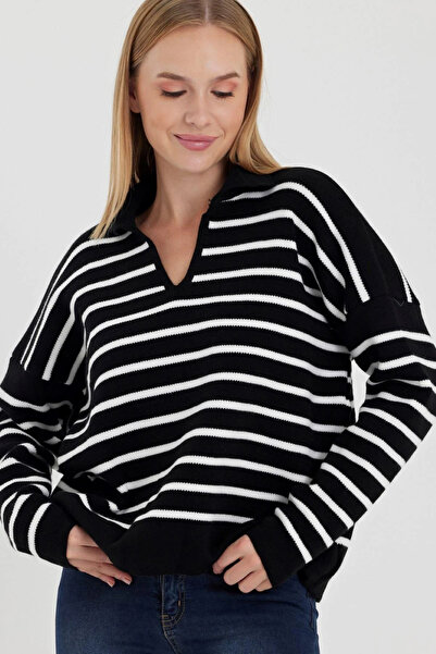 H&E LUXURY DESIGN Women's Striped Polo Neck Detailed Sweater