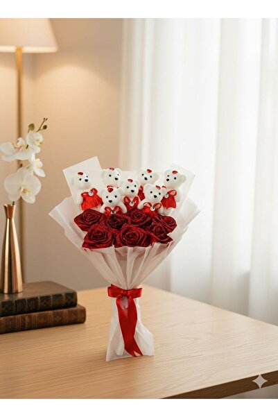 ciceksanat SEVİMLİ AYICIKLAR KIRMIZI GÜLLER BUKETİ KURDELEDEN ♥️