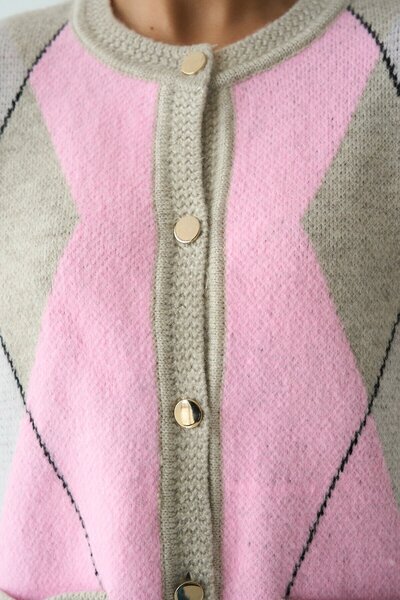 Nil's BUTİK Gold Buttoned Diamond Pattern Ornamental Pocket Cardigan