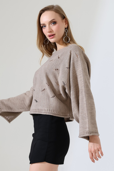 Devinka Women's Batwing Sleeve Openwork Patterned Boat Neck Red Knit Sweater