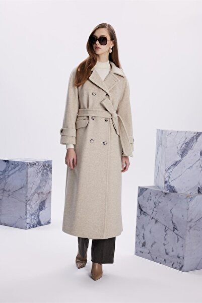 Zühre Double Pocket Belted Beige Cashew Coat 13659