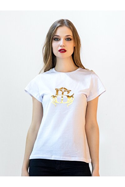FB sa Luxury white T-shirt with gold buttons and logo - a soft, high-end cott...