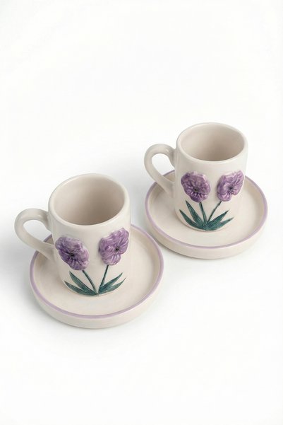 Loomart Violet flower figured 2-person 4 piece handmade coffee cup set