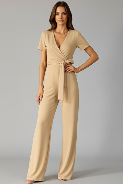 KHİ-ZAİ Women's Double-breasted Collar Belted Crepe Fabric Jumpsuit