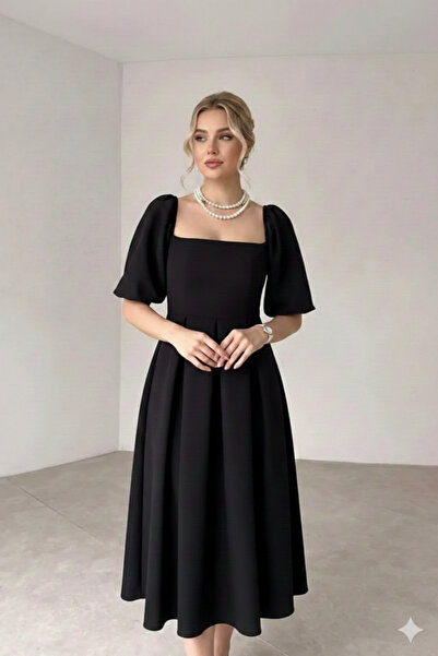 minenka Women's Crepe Fabric Balloon Sleeve Pleated Square Neck Midi Length D...